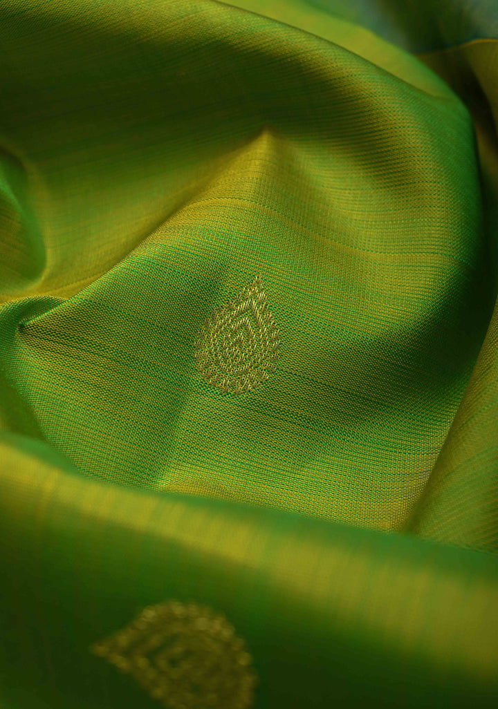 Chartreuse Kanjivaram Pure Silk Saree with Zari Buttas and Distinct Vanasingaram Mandala Motifs on Contrast Border | SILK MARK CERTIFIED