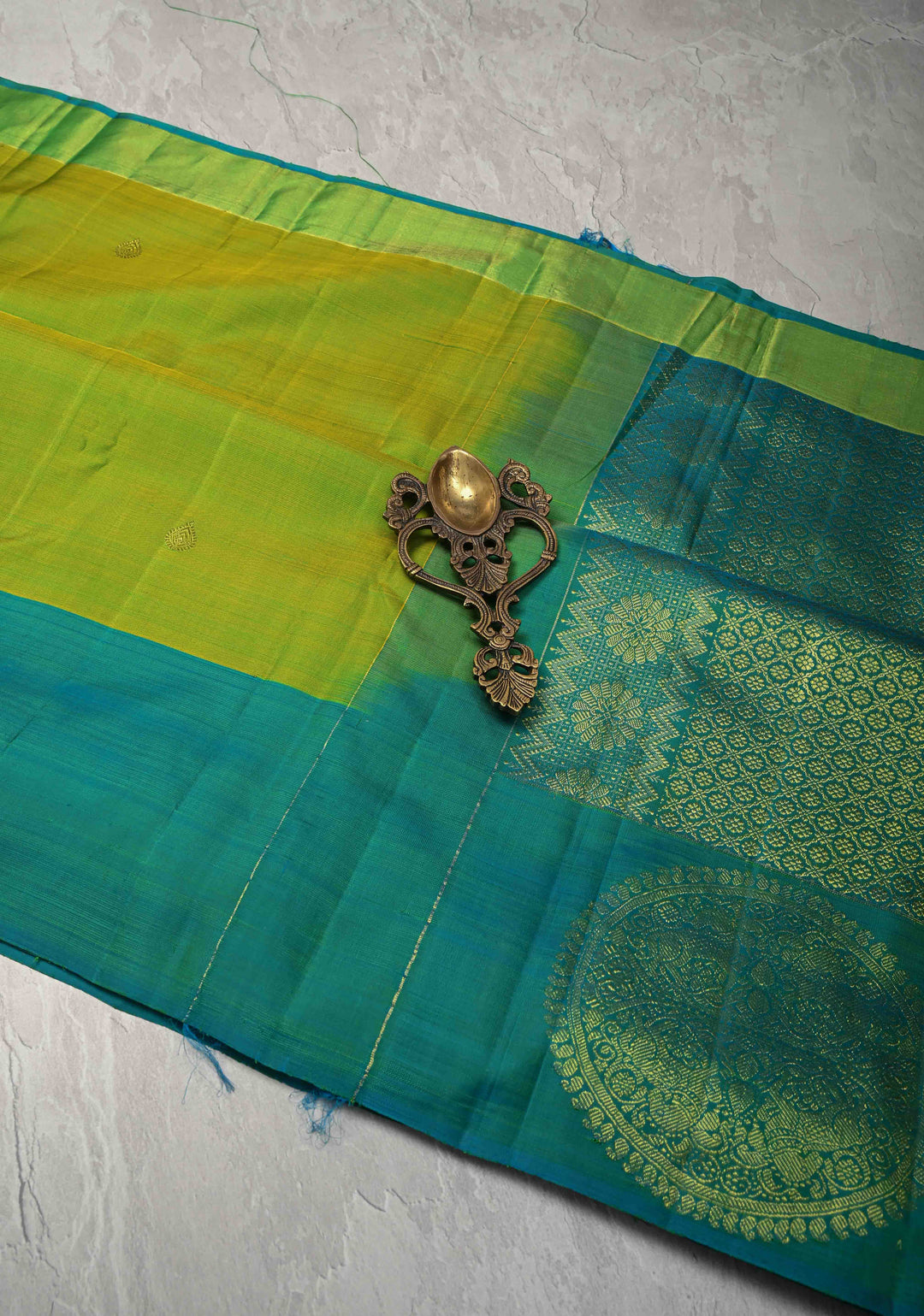 Chartreuse Kanjivaram Pure Silk Saree with Zari Buttas and Distinct Vanasingaram Mandala Motifs on Contrast Border | SILK MARK CERTIFIED