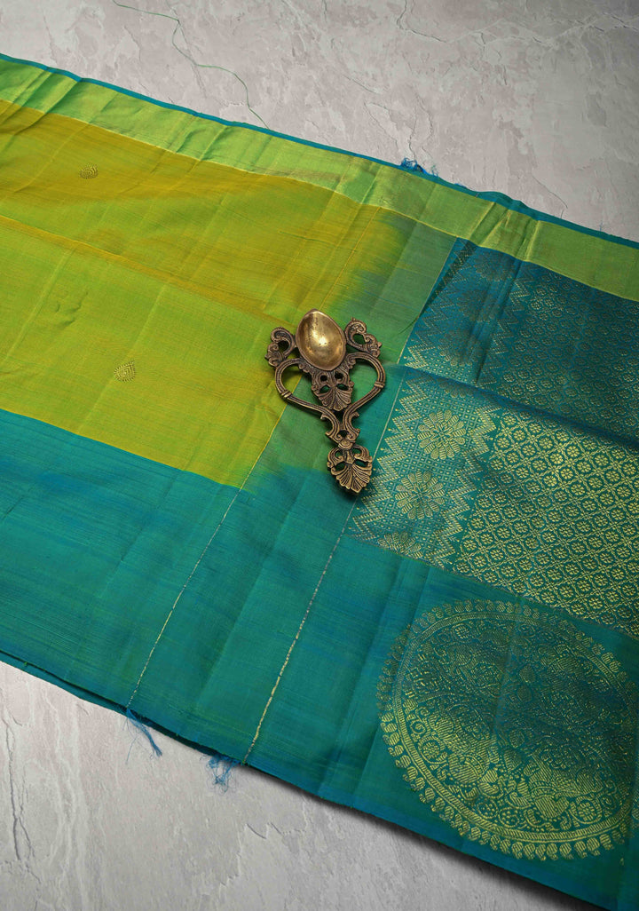 Chartreuse Kanjivaram Pure Silk Saree with Zari Buttas and Distinct Vanasingaram Mandala Motifs on Contrast Border | SILK MARK CERTIFIED
