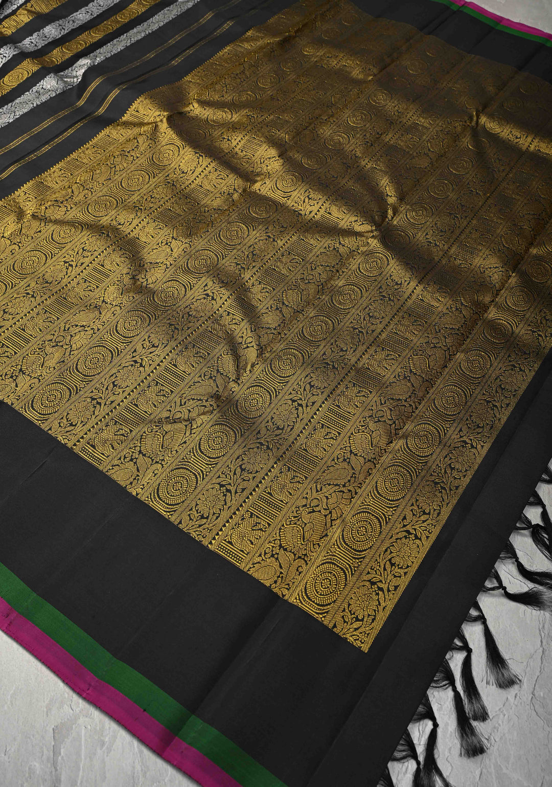 Black Kanjivaram Pure Silk Saree with Gold and Silver Vertical Stripes   | SILK MARK CERTIFIED