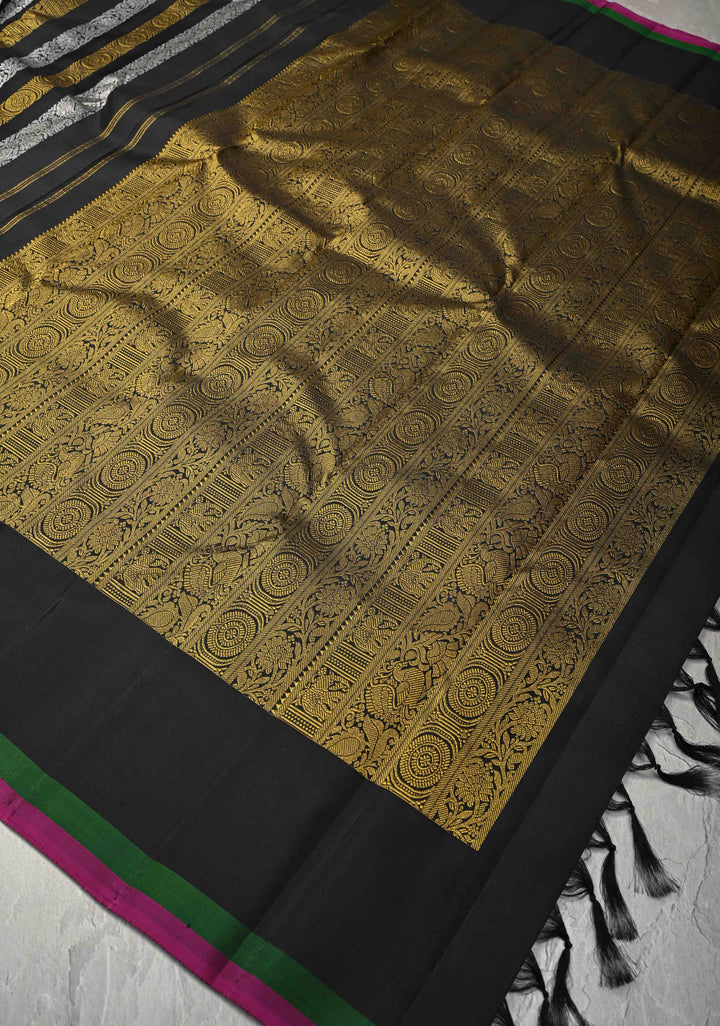 Black Kanjivaram Pure Silk Saree with Gold and Silver Vertical Stripes   | SILK MARK CERTIFIED