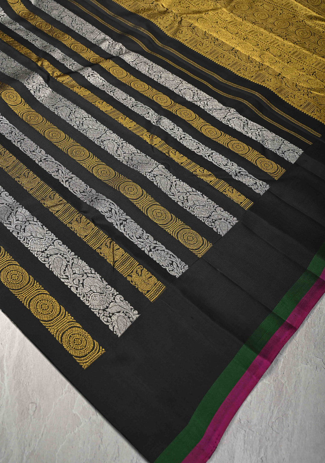 Black Kanjivaram Pure Silk Saree with Gold and Silver Vertical Stripes   | SILK MARK CERTIFIED