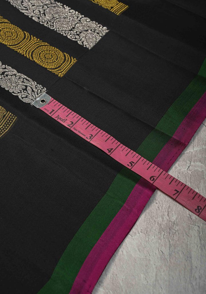 Black Kanjivaram Pure Silk Saree with Gold and Silver Vertical Stripes   | SILK MARK CERTIFIED