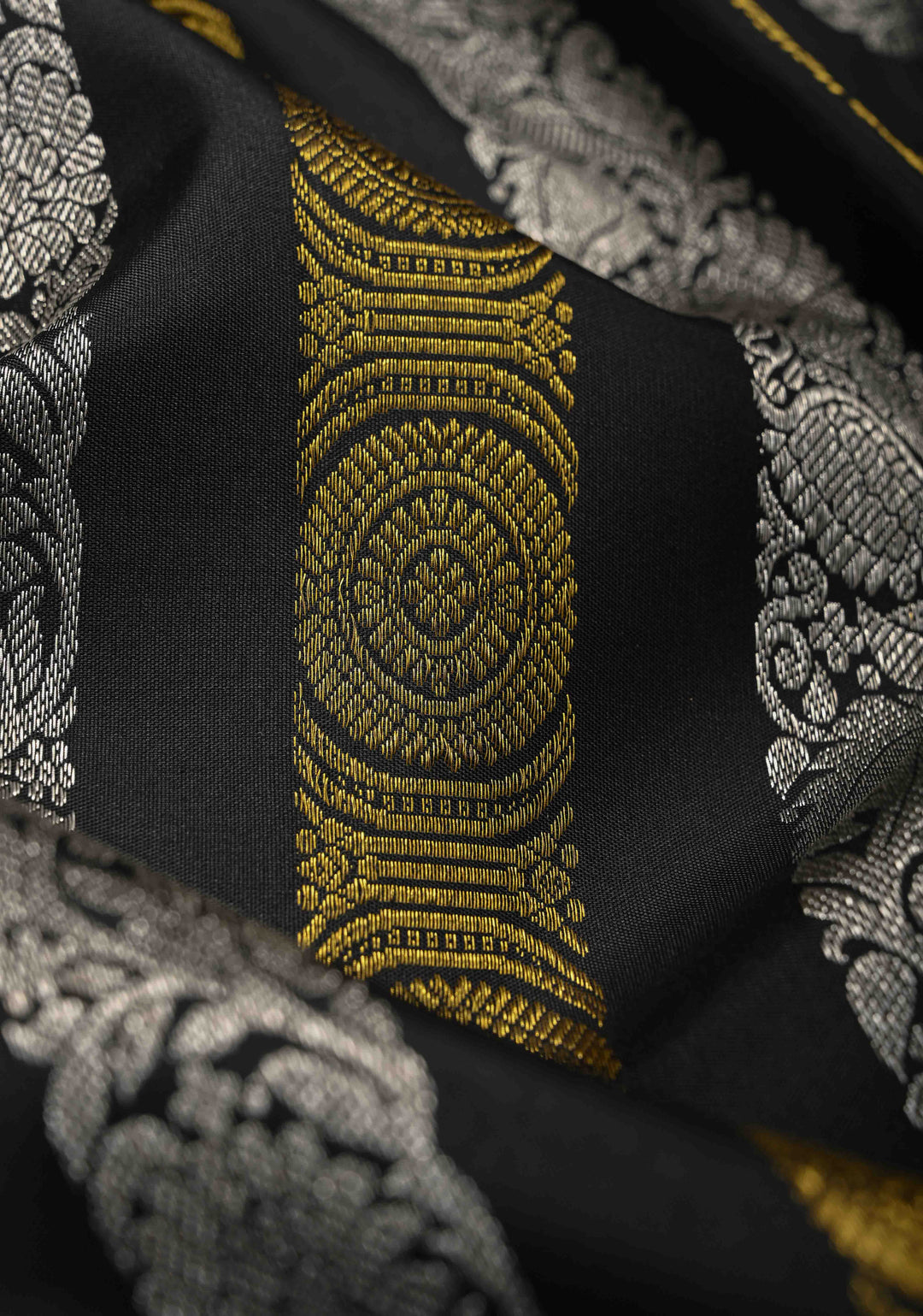 Black Kanjivaram Pure Silk Saree with Gold and Silver Vertical Stripes   | SILK MARK CERTIFIED
