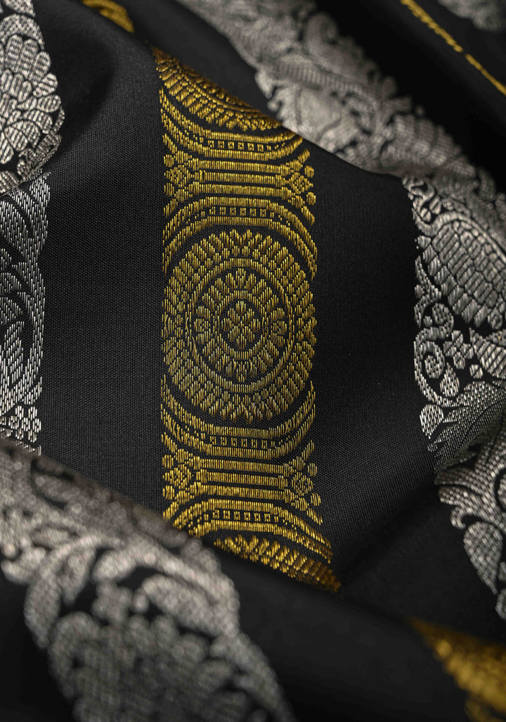 Black Kanjivaram Pure Silk Saree with Gold and Silver Vertical Stripes   | SILK MARK CERTIFIED