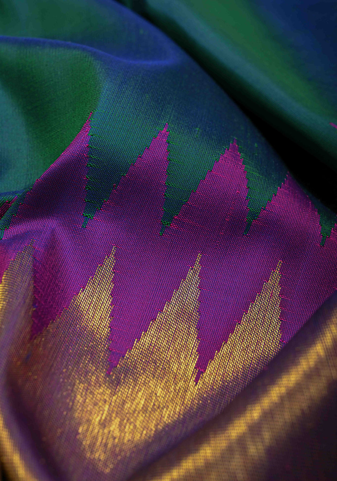 Peacock Blue Pure Kanjivaram Silk Saree with Gold Rising Temple Border | SILK MARK CERTIFIED