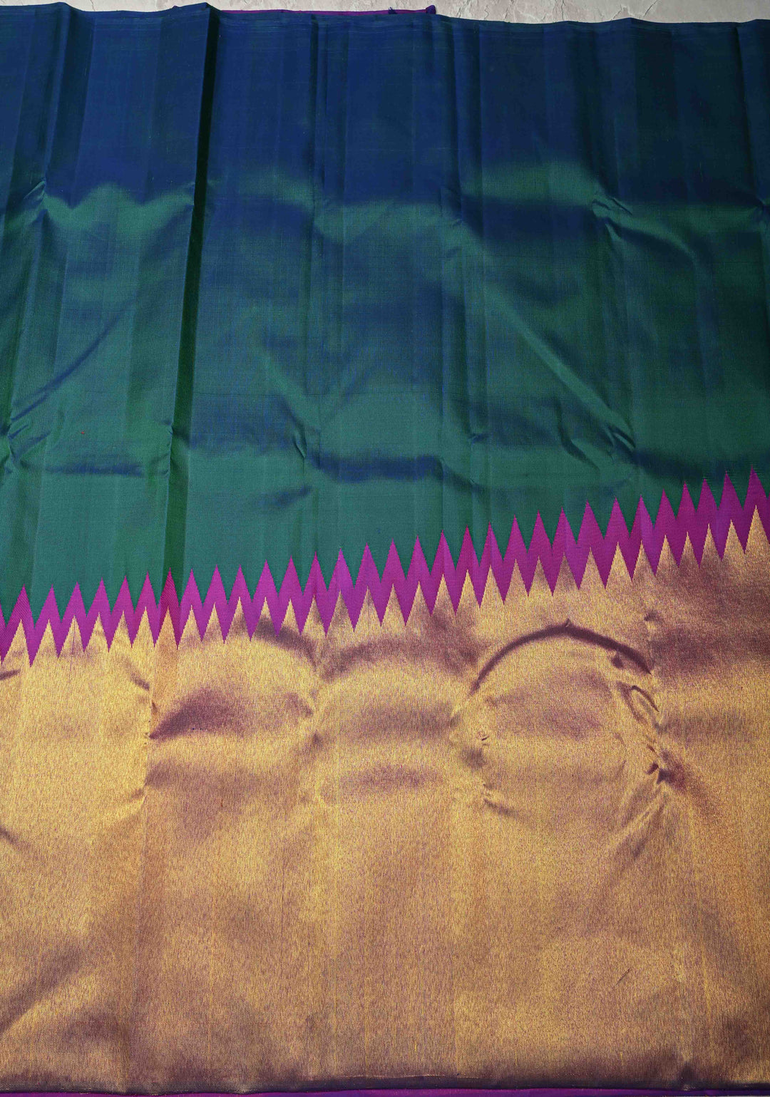 Peacock Blue Pure Kanjivaram Silk Saree with Gold Rising Temple Border | SILK MARK CERTIFIED