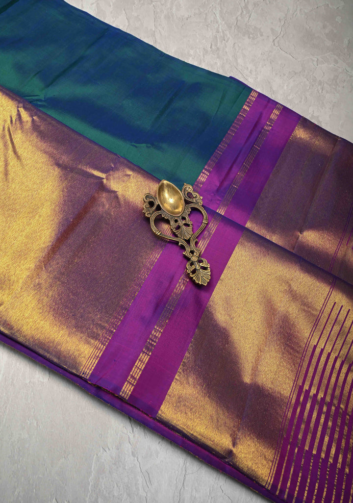 Peacock Blue Pure Kanjivaram Silk Saree with Gold Rising Temple Border | SILK MARK CERTIFIED