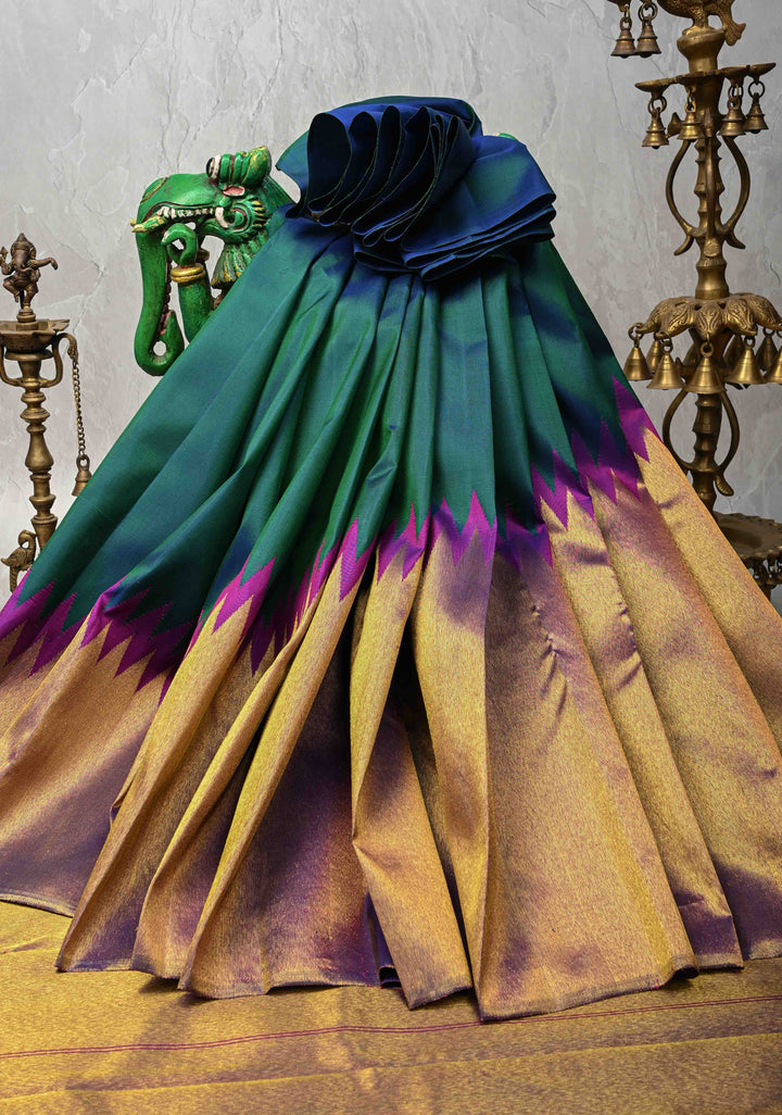 Peacock Blue Pure Kanjivaram Silk Saree with Gold Rising Temple Border | SILK MARK CERTIFIED