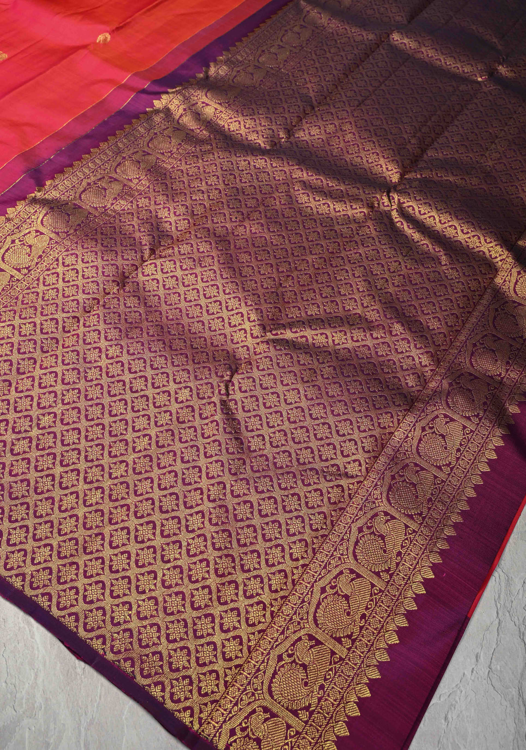 Kesar Pink Dual tone Kanjivaram Pure Silk Saree with Zari Buttas and Distinct Vanasingaram Mandala Motifs on Contrast Border | SILK MARK CERTIFIED
