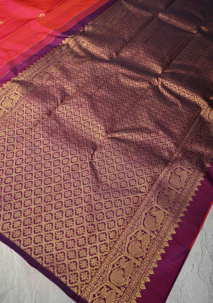 Kesar Pink Dual tone Kanjivaram Pure Silk Saree with Zari Buttas and Distinct Vanasingaram Mandala Motifs on Contrast Border | SILK MARK CERTIFIED