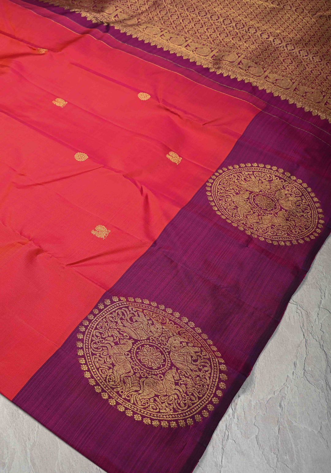 Kesar Pink Dual tone Kanjivaram Pure Silk Saree with Zari Buttas and Distinct Vanasingaram Mandala Motifs on Contrast Border | SILK MARK CERTIFIED
