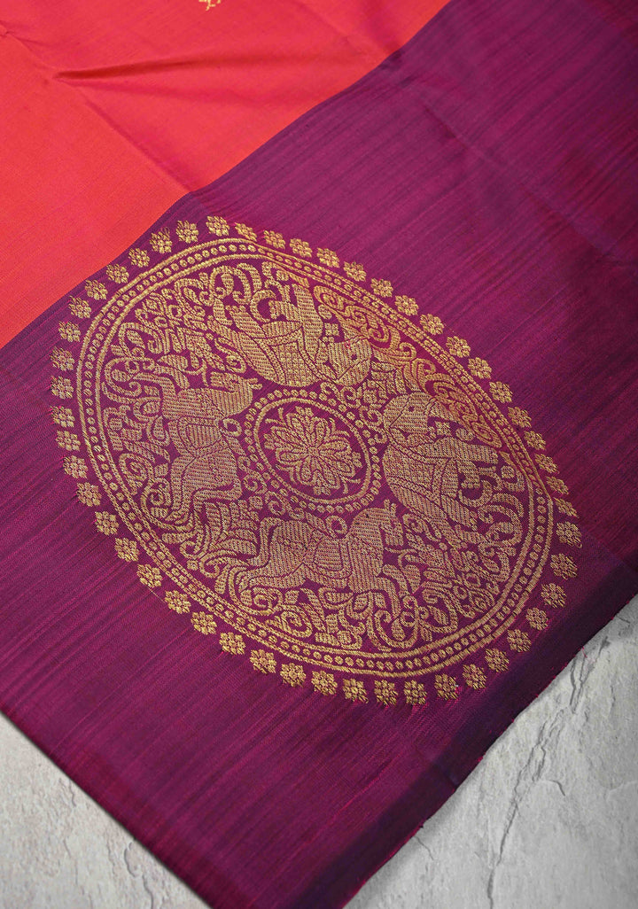 Kesar Pink Dual tone Kanjivaram Pure Silk Saree with Zari Buttas and Distinct Vanasingaram Mandala Motifs on Contrast Border | SILK MARK CERTIFIED
