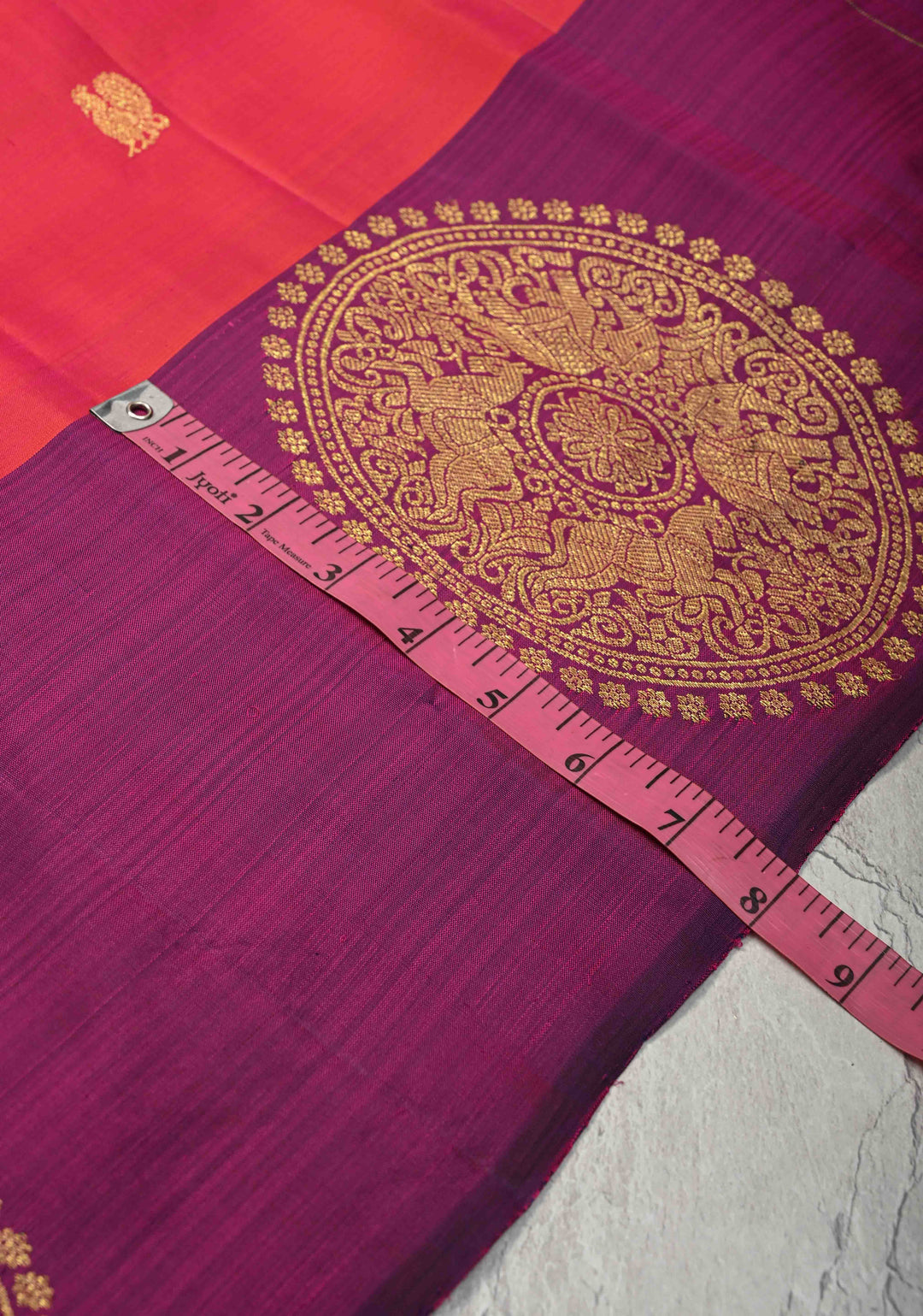 Kesar Pink Dual tone Kanjivaram Pure Silk Saree with Zari Buttas and Distinct Vanasingaram Mandala Motifs on Contrast Border | SILK MARK CERTIFIED