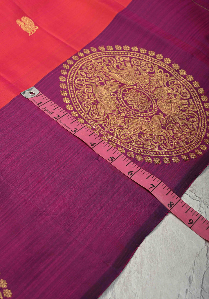 Kesar Pink Dual tone Kanjivaram Pure Silk Saree with Zari Buttas and Distinct Vanasingaram Mandala Motifs on Contrast Border | SILK MARK CERTIFIED