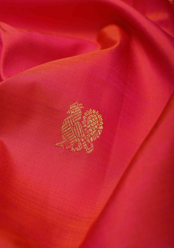 Kesar Pink Dual tone Kanjivaram Pure Silk Saree with Zari Buttas and Distinct Vanasingaram Mandala Motifs on Contrast Border | SILK MARK CERTIFIED
