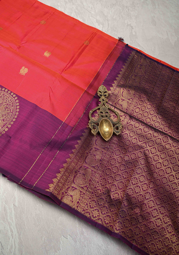 Kesar Pink Dual tone Kanjivaram Pure Silk Saree with Zari Buttas and Distinct Vanasingaram Mandala Motifs on Contrast Border | SILK MARK CERTIFIED