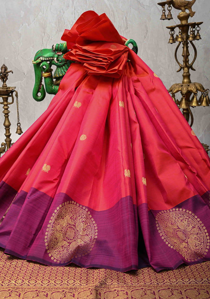 Kesar Pink Dual tone Kanjivaram Pure Silk Saree with Zari Buttas and Distinct Vanasingaram Mandala Motifs on Contrast Border | SILK MARK CERTIFIED