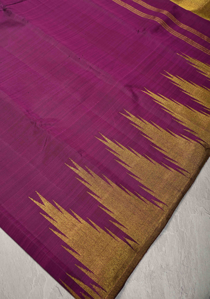 Plum Pure Kanjivaram Silk Saree with Zari Temple Borders | SILK MARK CERTIFIED