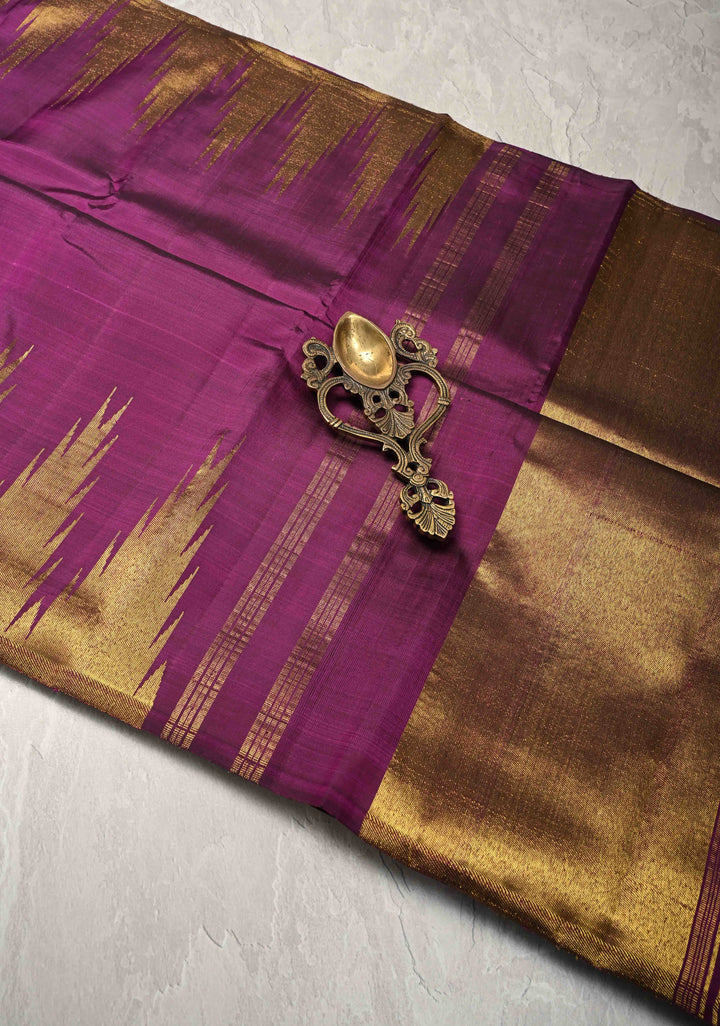 Plum Pure Kanjivaram Silk Saree with Zari Temple Borders | SILK MARK CERTIFIED