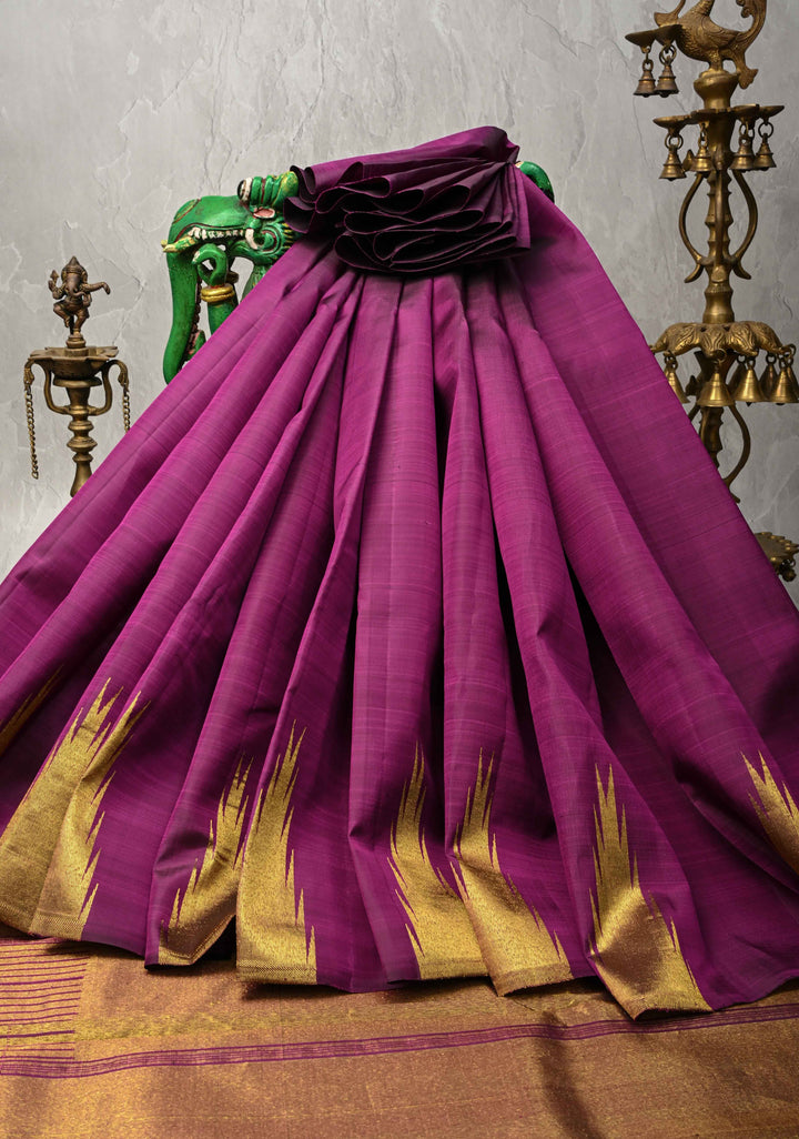 Plum Pure Kanjivaram Silk Saree with Zari Temple Borders | SILK MARK CERTIFIED