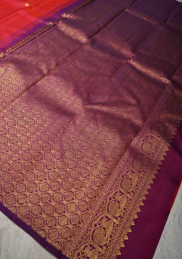 Pinkish Red Kanjivaram Pure Silk Saree with Zari Buttas and Distinct Vanasingaram Mandala Motifs on Contrast Border | SILK MARK CERTIFIED