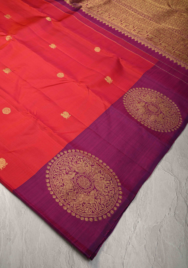 Pinkish Red Kanjivaram Pure Silk Saree with Zari Buttas and Distinct Vanasingaram Mandala Motifs on Contrast Border | SILK MARK CERTIFIED