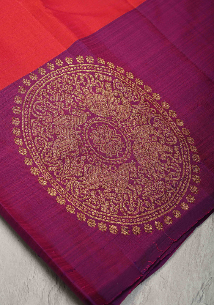 Pinkish Red Kanjivaram Pure Silk Saree with Zari Buttas and Distinct Vanasingaram Mandala Motifs on Contrast Border | SILK MARK CERTIFIED