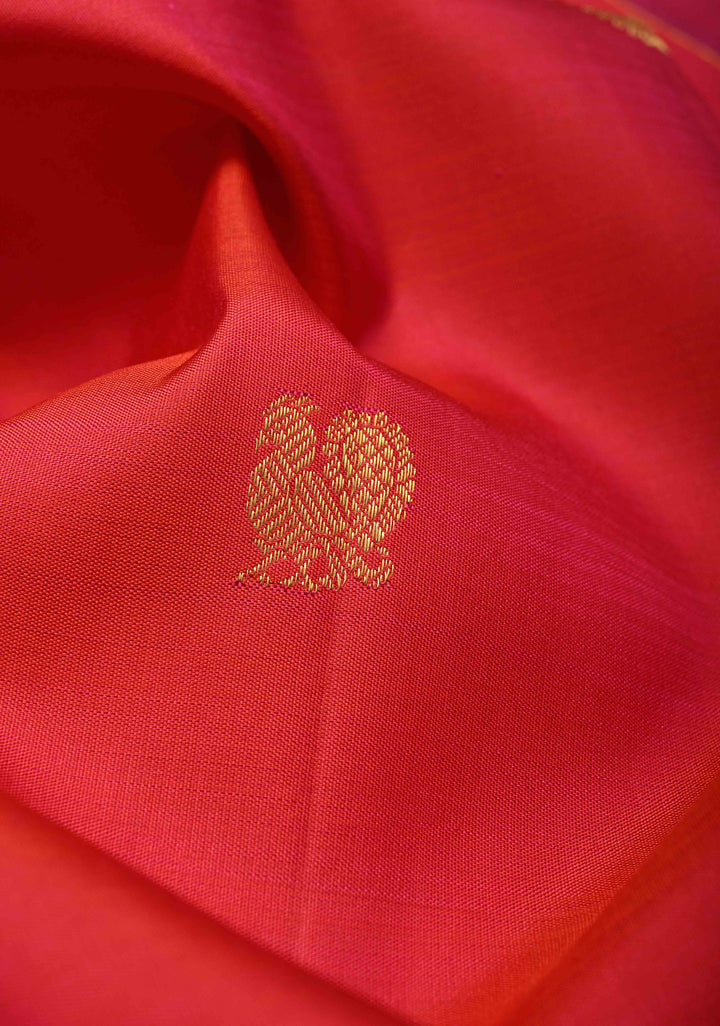 Pinkish Red Kanjivaram Pure Silk Saree with Zari Buttas and Distinct Vanasingaram Mandala Motifs on Contrast Border | SILK MARK CERTIFIED