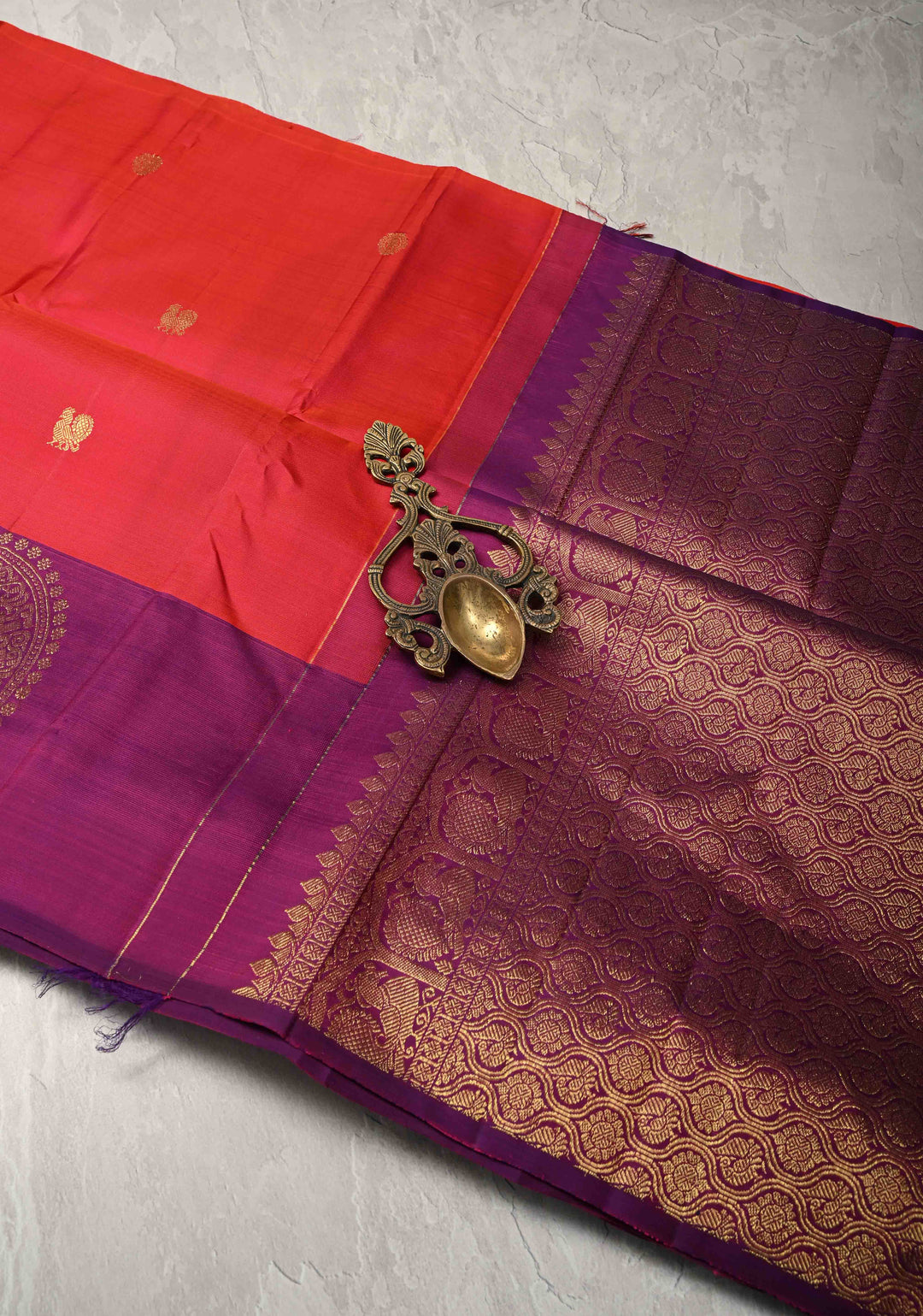 Pinkish Red Kanjivaram Pure Silk Saree with Zari Buttas and Distinct Vanasingaram Mandala Motifs on Contrast Border | SILK MARK CERTIFIED