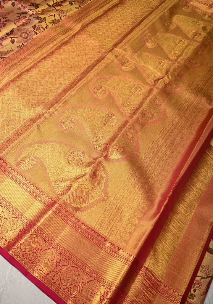 Gold Tissue Kanjivaram Silk Saree with Meenakari Floral-Birds Jaal and Contrast Zari Border | SILK MARK CERTIFIED