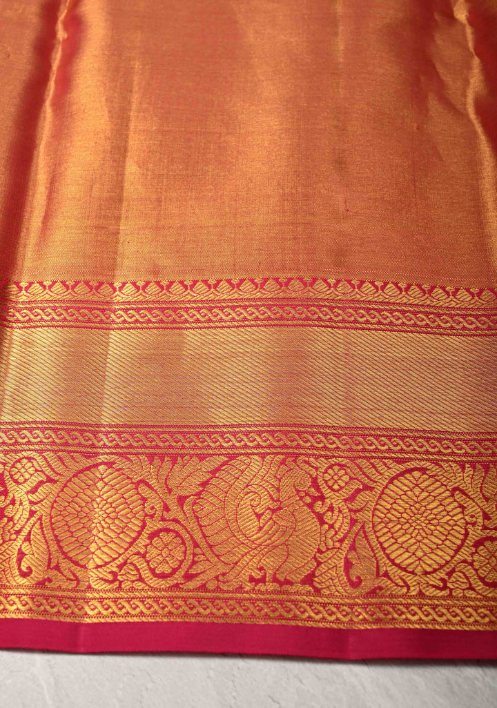 Gold Tissue Kanjivaram Silk Saree with Meenakari Floral-Birds Jaal and Contrast Zari Border | SILK MARK CERTIFIED