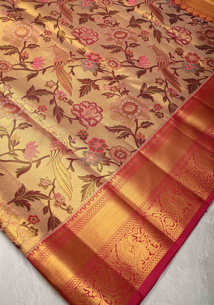 Gold Tissue Kanjivaram Silk Saree with Meenakari Floral-Birds Jaal and Contrast Zari Border | SILK MARK CERTIFIED