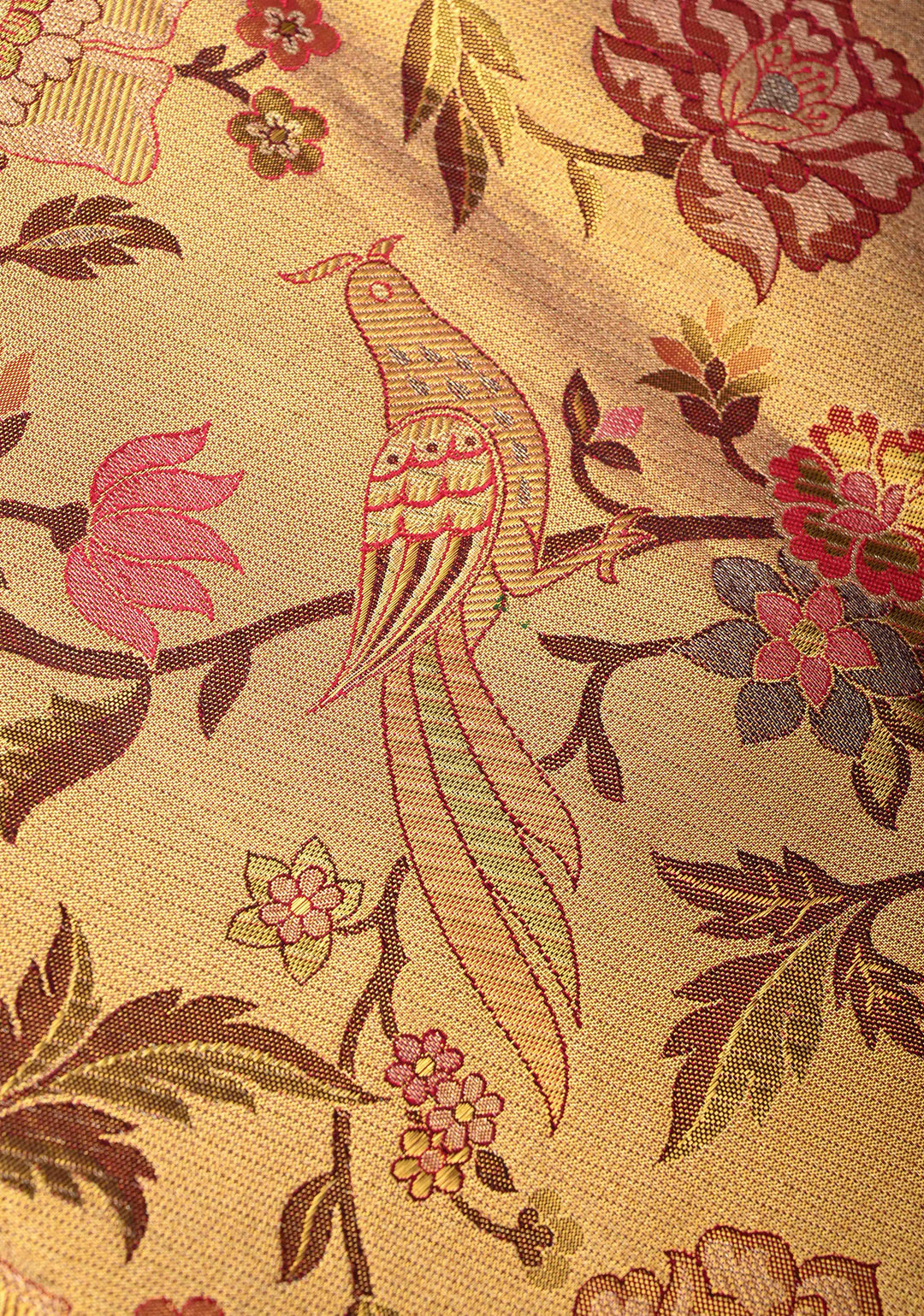 Gold Tissue Kanjivaram Silk Saree with Meenakari Floral-Birds Jaal and Contrast Zari Border | SILK MARK CERTIFIED