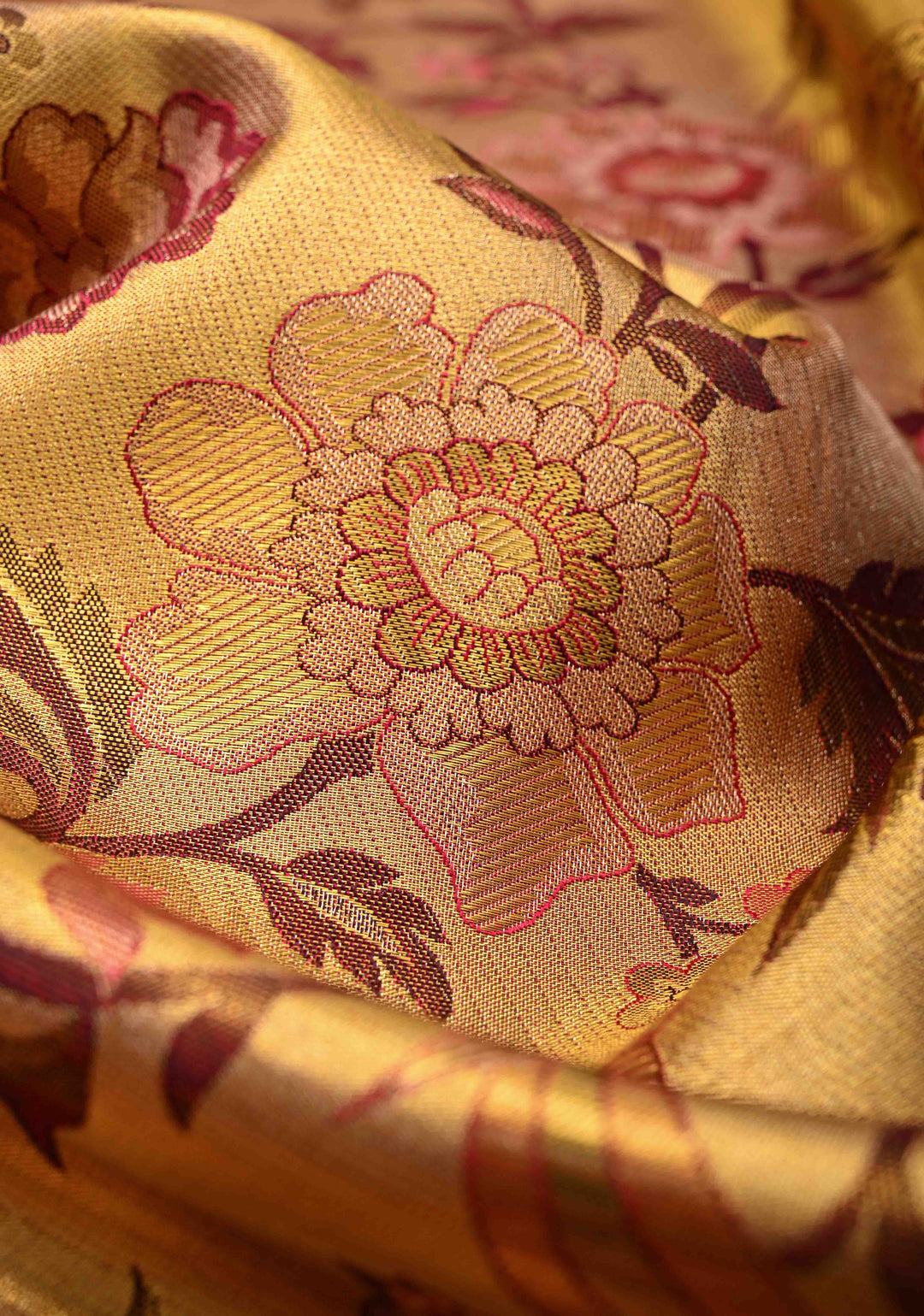 Gold Tissue Kanjivaram Silk Saree with Meenakari Floral-Birds Jaal and Contrast Zari Border | SILK MARK CERTIFIED