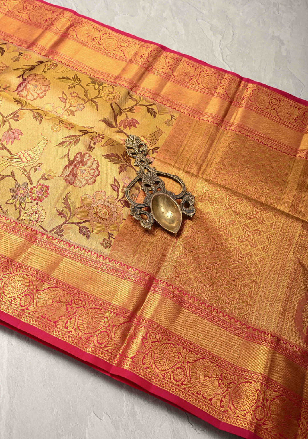 Gold Tissue Kanjivaram Silk Saree with Meenakari Floral-Birds Jaal and Contrast Zari Border | SILK MARK CERTIFIED