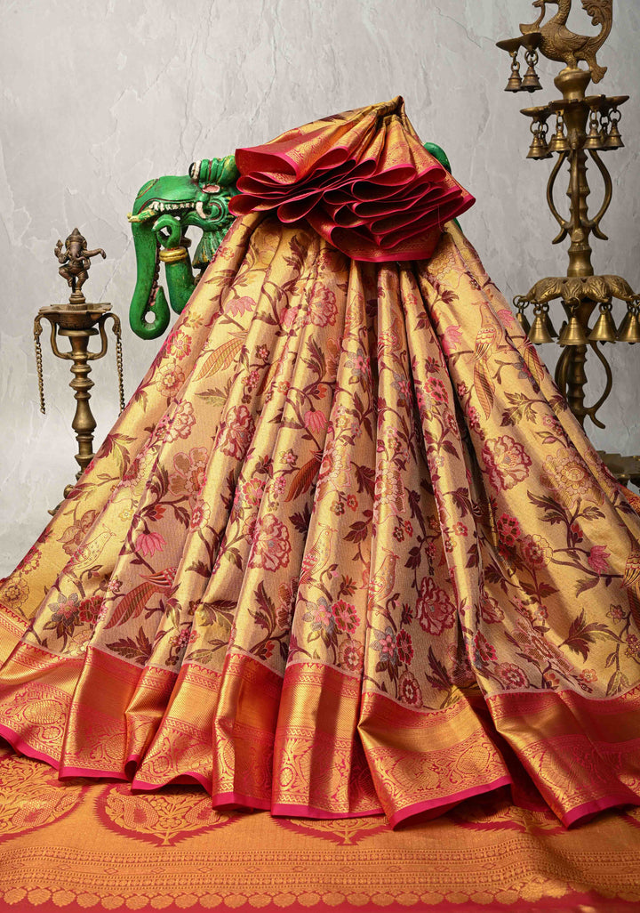 Gold Tissue Kanjivaram Silk Saree with Meenakari Floral-Birds Jaal and Contrast Zari Border | SILK MARK CERTIFIED