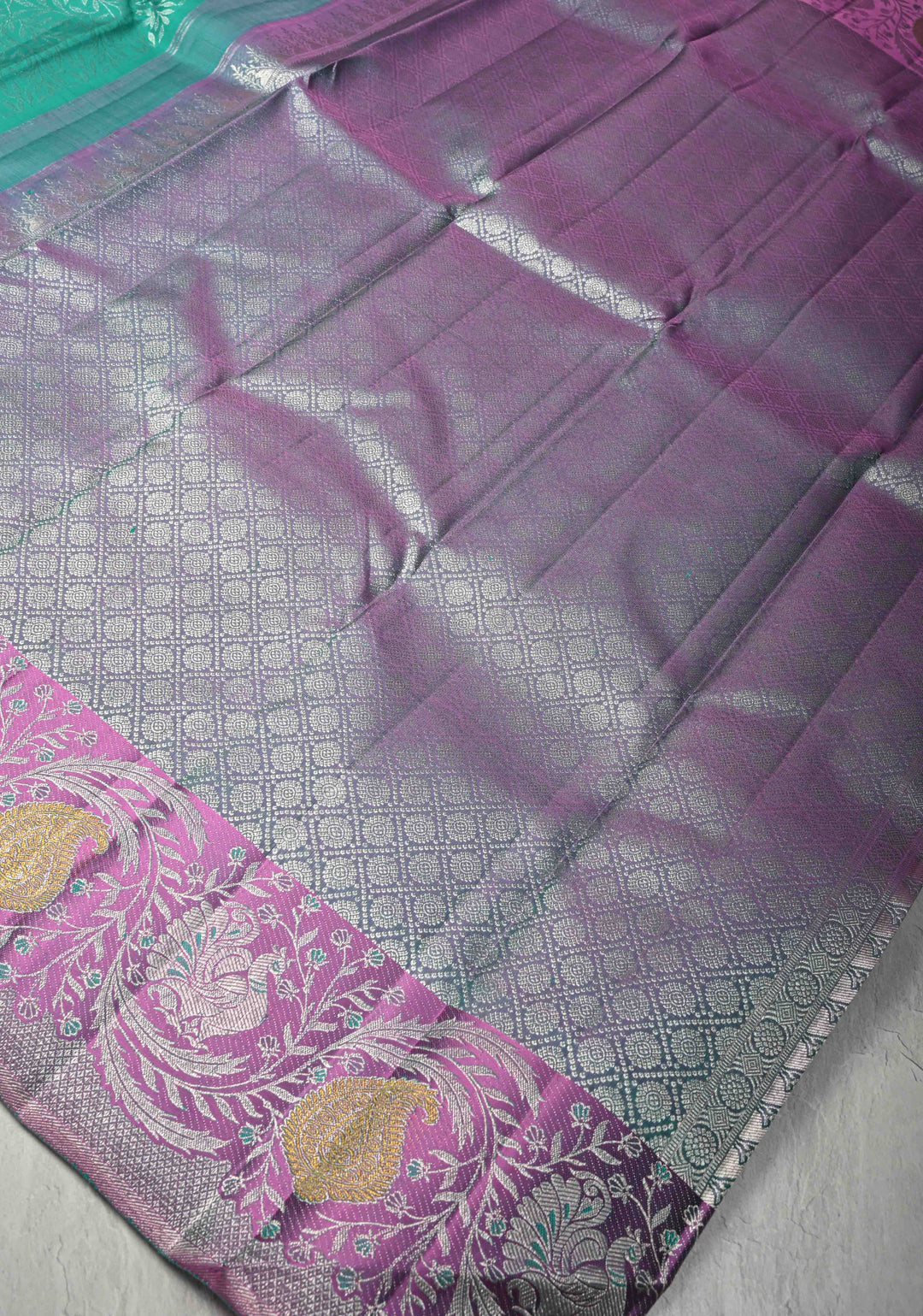 Rama Green Pure Kanjivaram Silk Saree with Floral Brocade Jaal and Meenakari Contrast Zari Border | SILK MARK CERTIFIED
