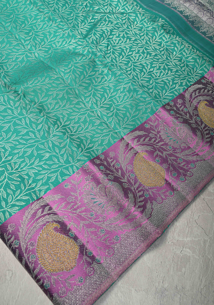 Rama Green Pure Kanjivaram Silk Saree with Floral Brocade Jaal and Meenakari Contrast Zari Border | SILK MARK CERTIFIED
