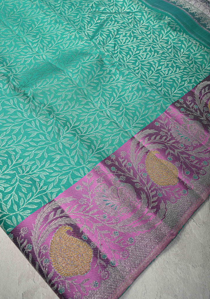 Rama Green Pure Kanjivaram Silk Saree with Floral Brocade Jaal and Meenakari Contrast Zari Border | SILK MARK CERTIFIED