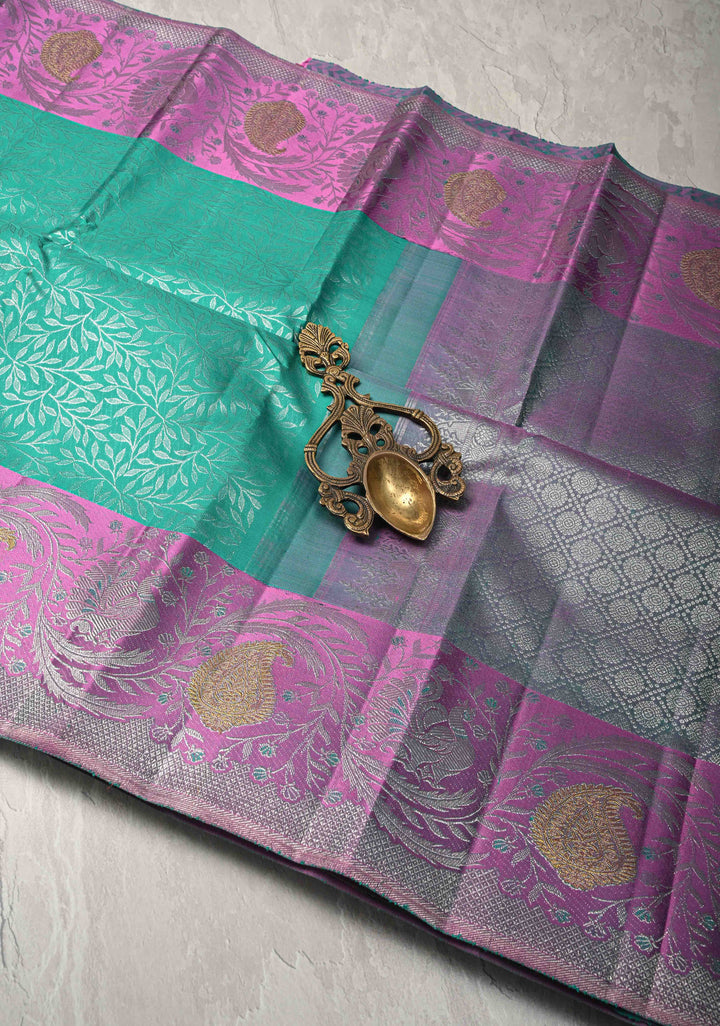 Rama Green Pure Kanjivaram Silk Saree with Floral Brocade Jaal and Meenakari Contrast Zari Border | SILK MARK CERTIFIED