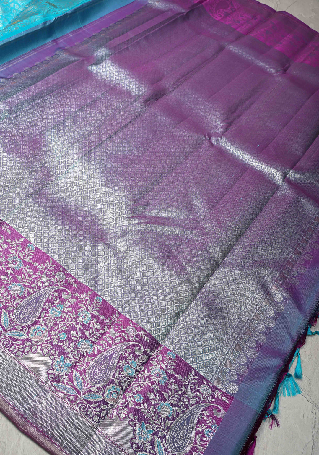 Blue Pure Kanjivaram Silk Saree with Floral Brocade Jaal and Contrast Meenakari Zari Border | SILK MARK CERTIFIED