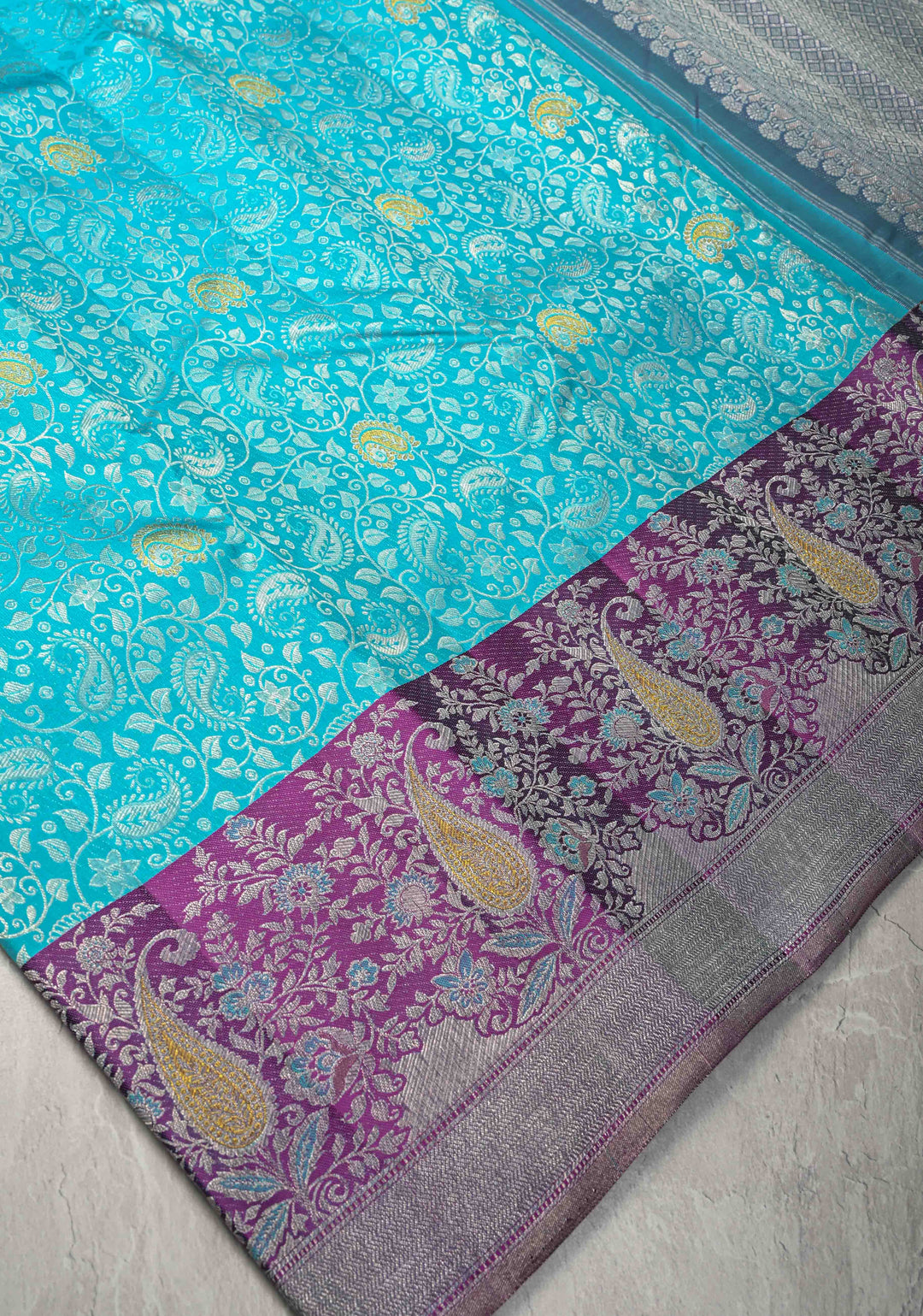 Blue Pure Kanjivaram Silk Saree with Floral Brocade Jaal and Contrast Meenakari Zari Border | SILK MARK CERTIFIED