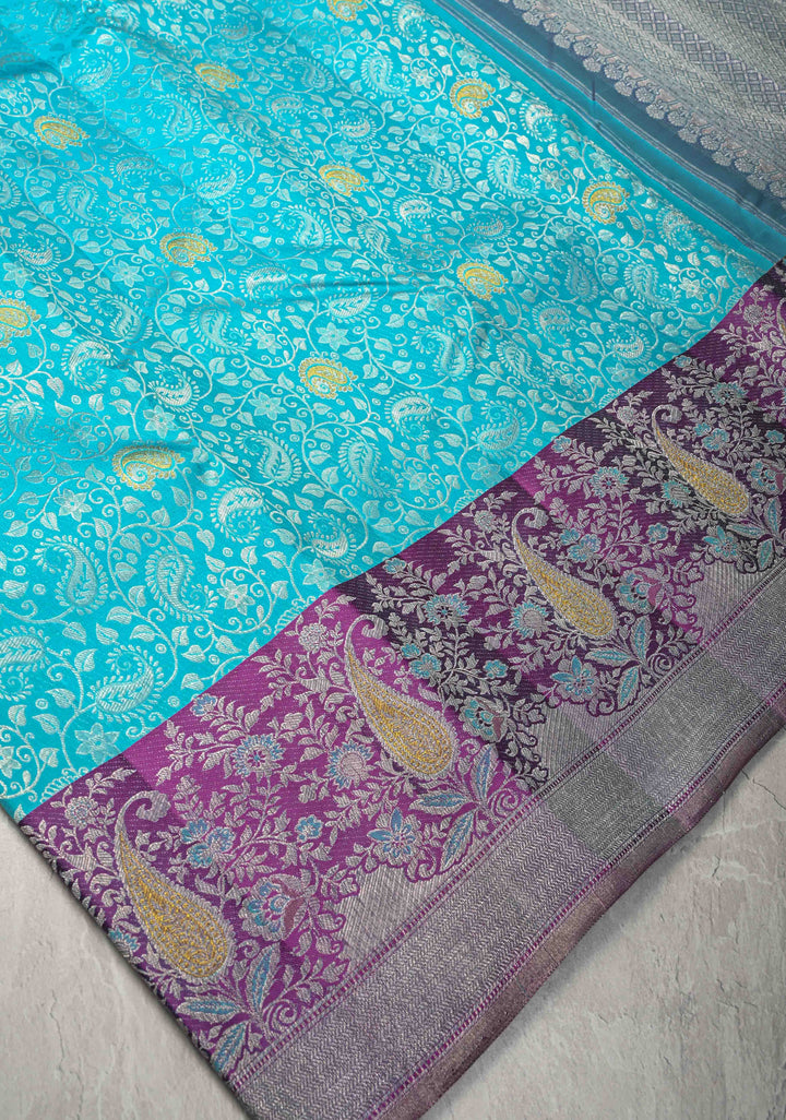 Blue Pure Kanjivaram Silk Saree with Floral Brocade Jaal and Contrast Meenakari Zari Border | SILK MARK CERTIFIED