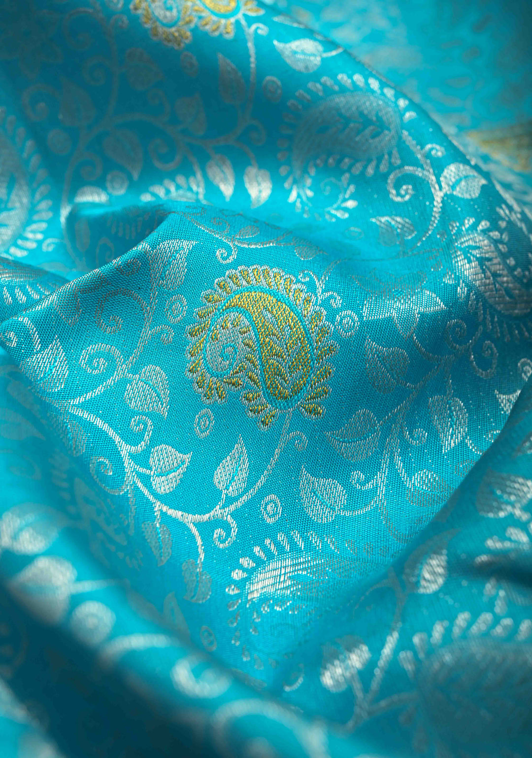 Blue Pure Kanjivaram Silk Saree with Floral Brocade Jaal and Contrast Meenakari Zari Border | SILK MARK CERTIFIED
