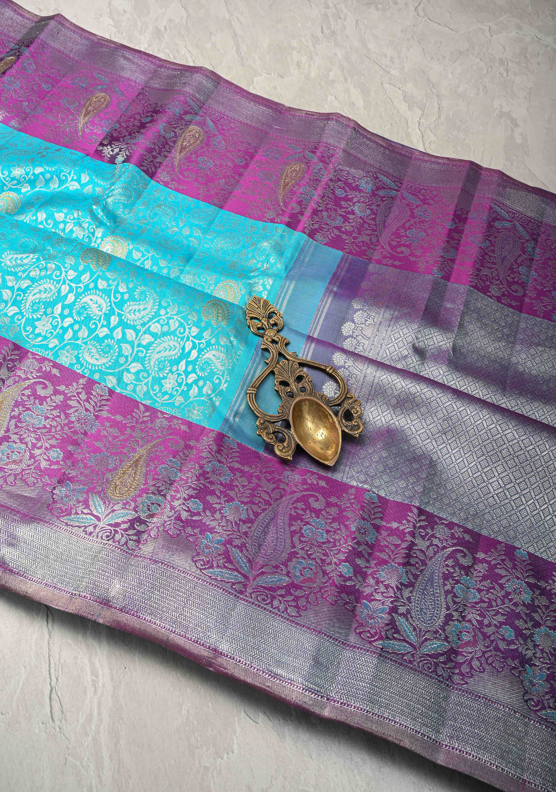 Blue Pure Kanjivaram Silk Saree with Floral Brocade Jaal and Contrast Meenakari Zari Border | SILK MARK CERTIFIED