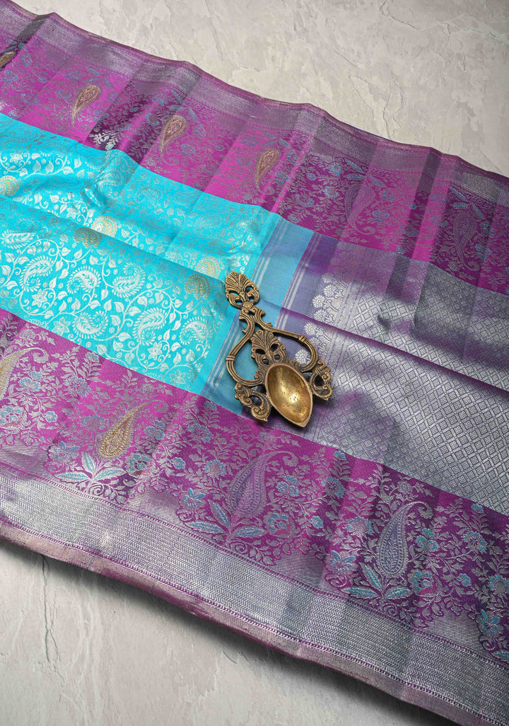Blue Pure Kanjivaram Silk Saree with Floral Brocade Jaal and Contrast Meenakari Zari Border | SILK MARK CERTIFIED