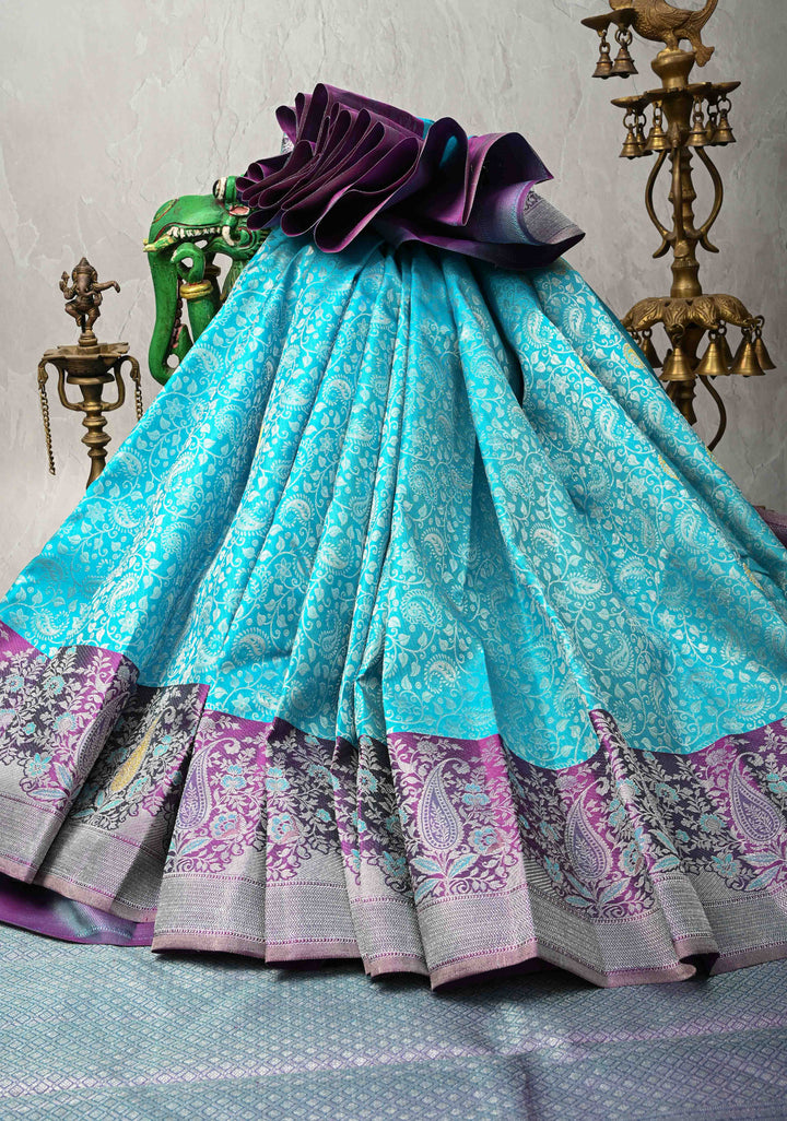 Blue Pure Kanjivaram Silk Saree with Floral Brocade Jaal and Contrast Meenakari Zari Border | SILK MARK CERTIFIED