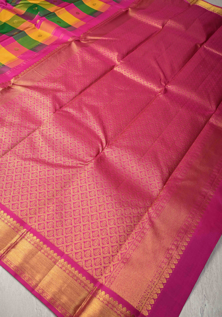 Multicolor Pallum Pazhamum Kanjivaram Silk Saree with Zari Buttas and Zari Border | SILK MARK CERTIFIED