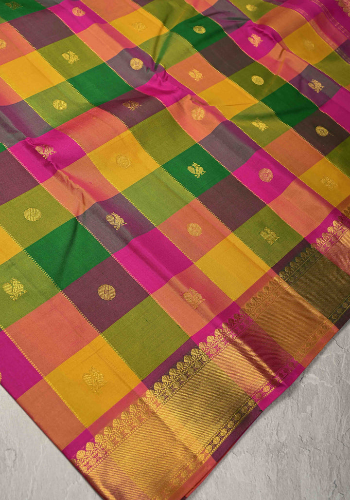Multicolor Pallum Pazhamum Kanjivaram Silk Saree with Zari Buttas and Zari Border | SILK MARK CERTIFIED